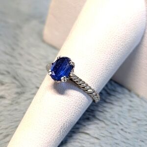 Vintage Sterling Silver and Oval Sapphire Ring w/ Rope Detailing the Band